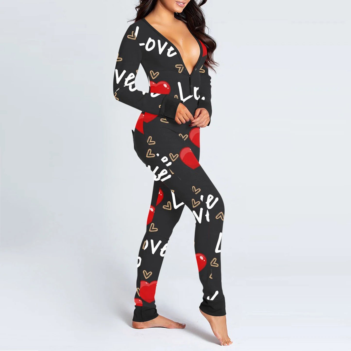 Love Print Long Sleeve Button Jumpsuit Functional Buttoned Flap Adults Pajamas Jumpsuit