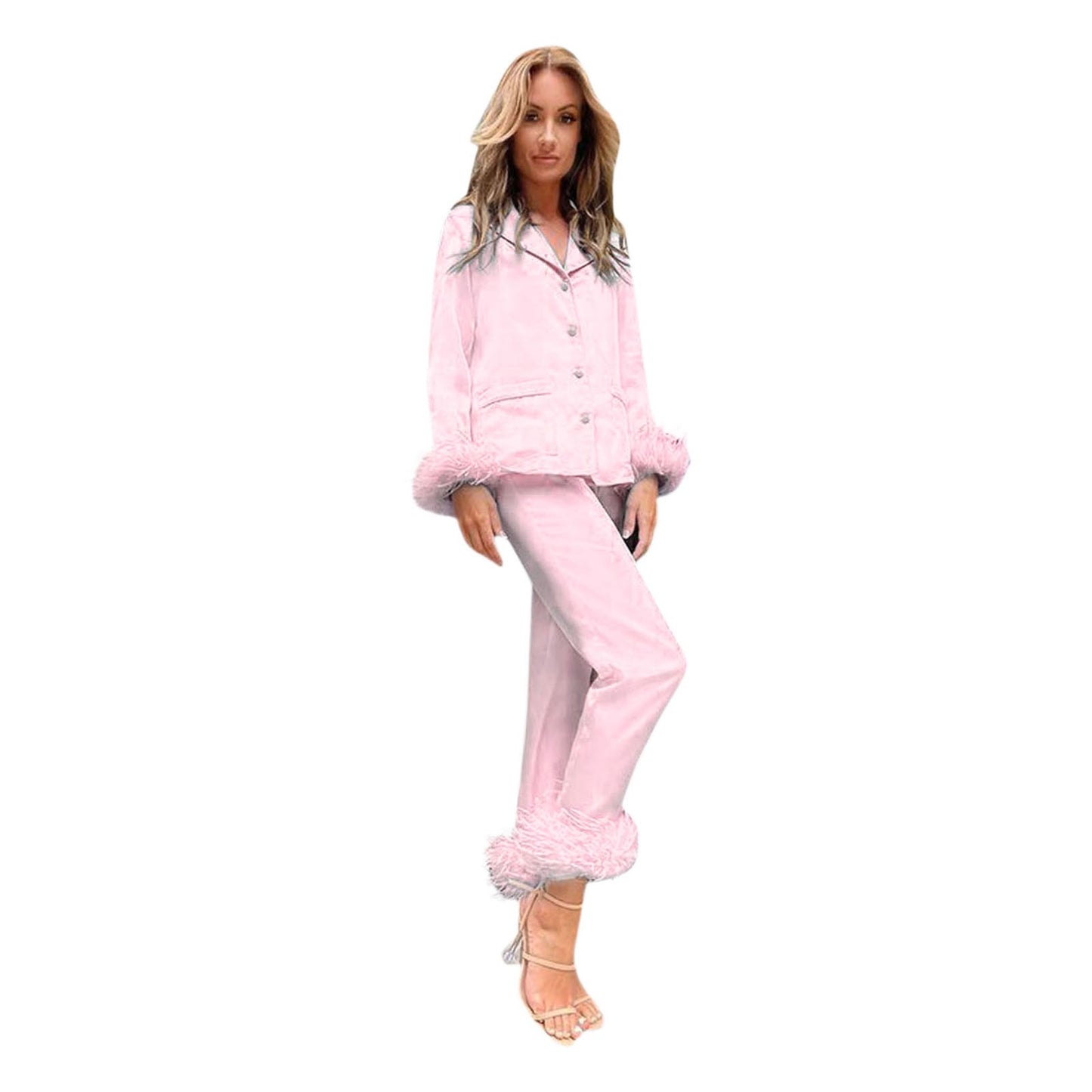 2Pcs Women Pajamas Set Spring Summer Casual Lapel Tops