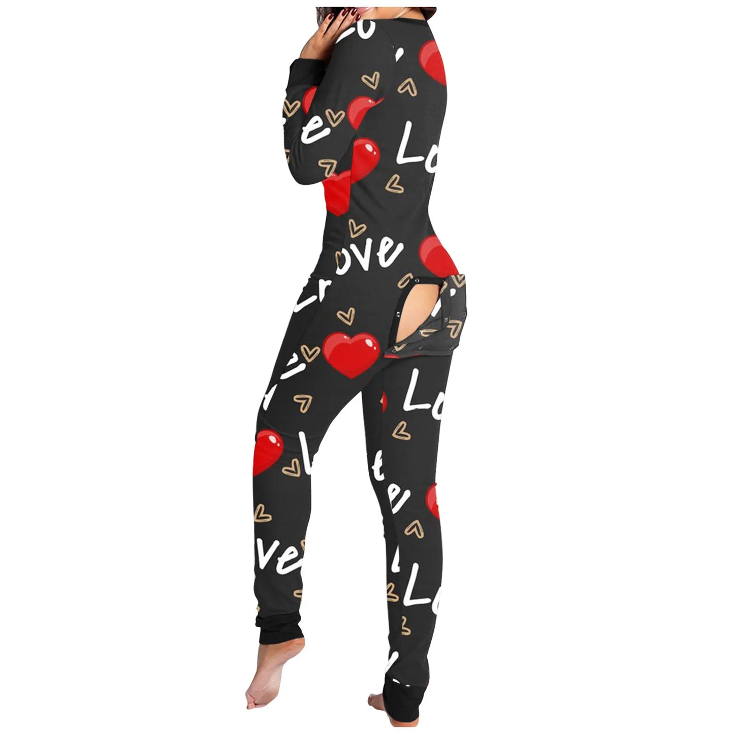 Love Print Long Sleeve Button Jumpsuit Functional Buttoned Flap Adults Pajamas Jumpsuit