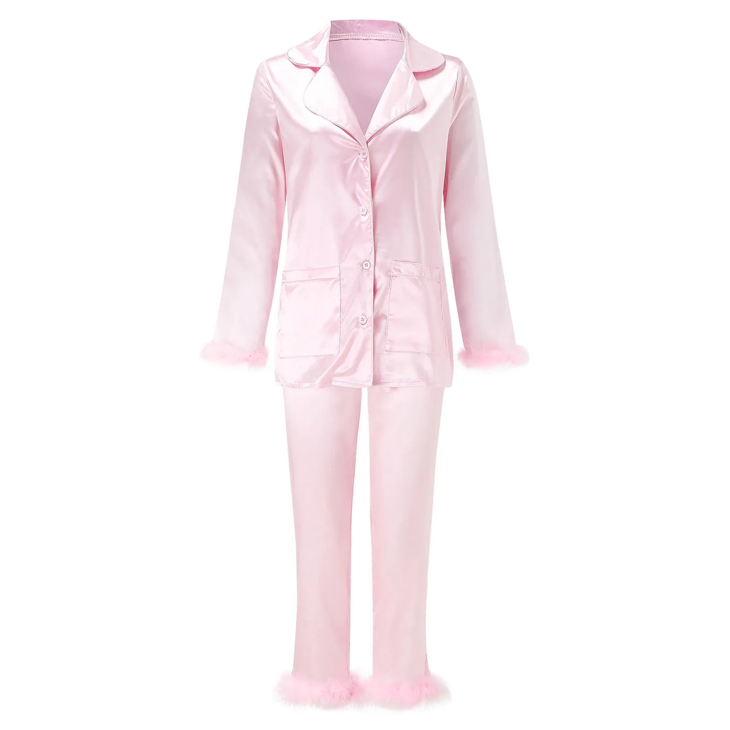 2Pcs Women Pajamas Set Spring Summer Casual Lapel Tops