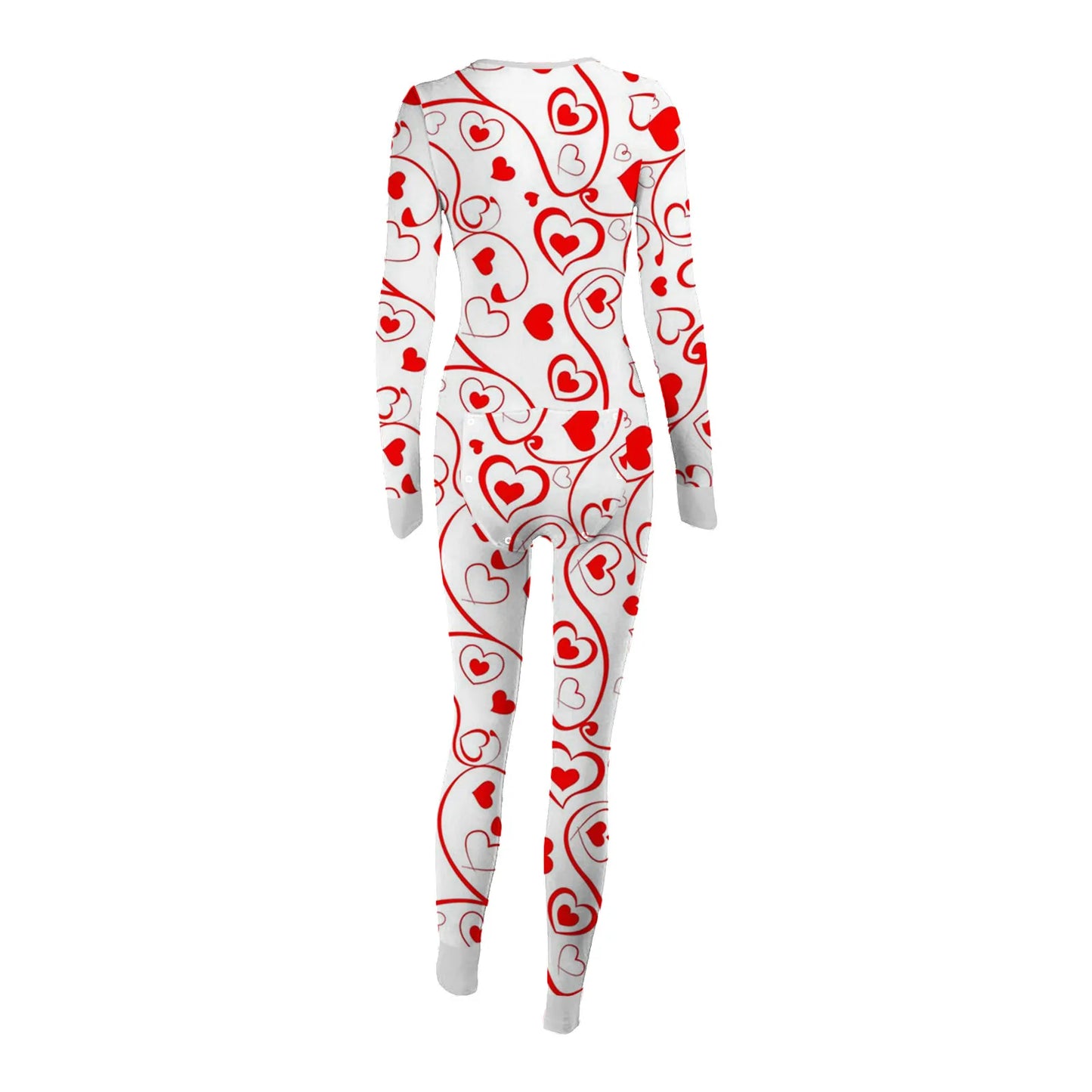 Love Print Long Sleeve Button Jumpsuit Functional Buttoned Flap Adults Pajamas Jumpsuit