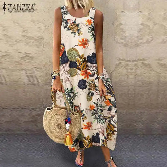 ZANZEA Summer Women Vintage Sleeveless Dress Floral Printed Long Dress