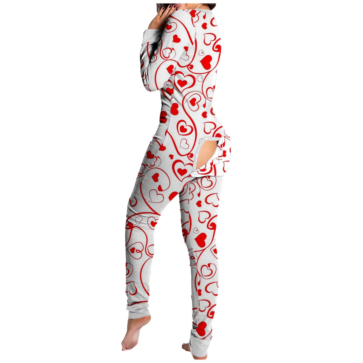 Love Print Long Sleeve Button Jumpsuit Functional Buttoned Flap Adults Pajamas Jumpsuit