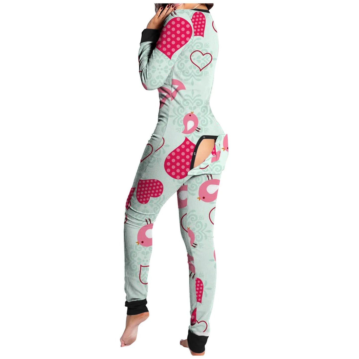 Love Print Long Sleeve Button Jumpsuit Functional Buttoned Flap Adults Pajamas Jumpsuit