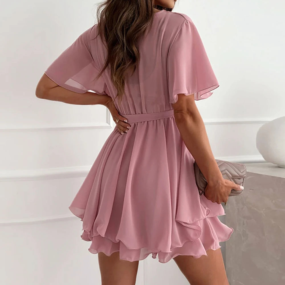 Sexy V Neck Lace Up Women's Dress Elegant Butterfly Sleeve