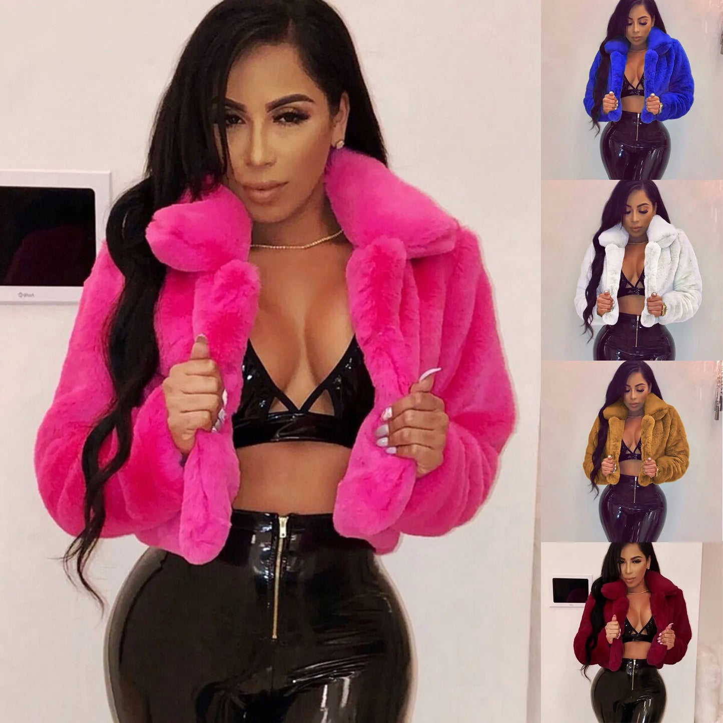 Fashion Faux Fur Open Stitch Lapel Crop Jackets Women