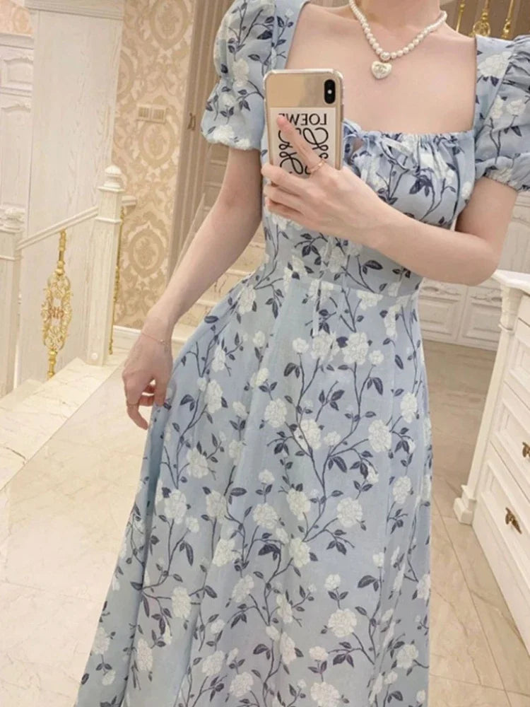 Short Sleeve Dresses A-line Chiffon Midi Floral Print