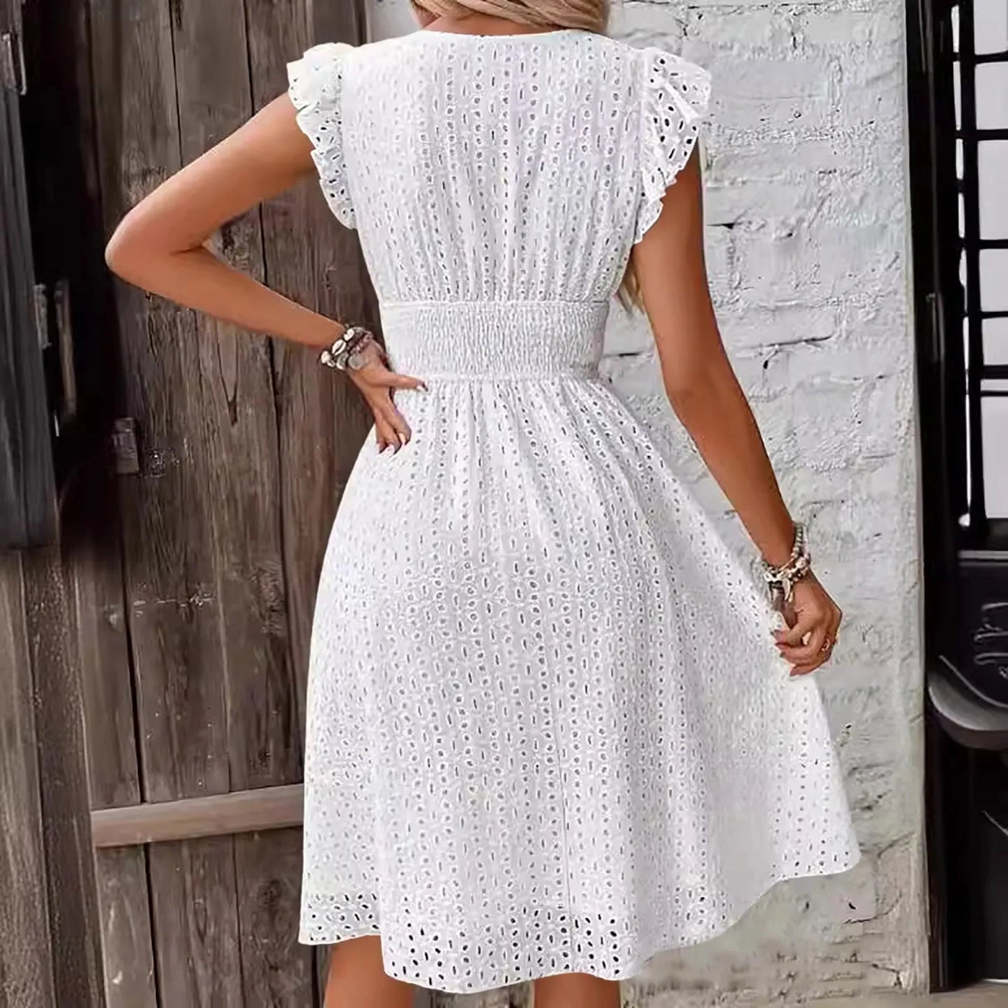 Women'S Dress Lace Jacquard Hollow Out Slim V Neck Elastic Waist Midi White Dress