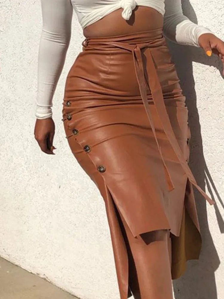 Women Trendy PU Leather Midi Skirt Solid Color