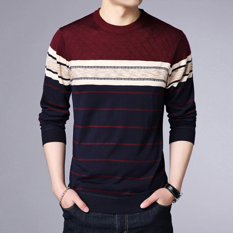 Men's Casual Striped Knit Spring and Autumn Long Sleeved Pullover Fashion