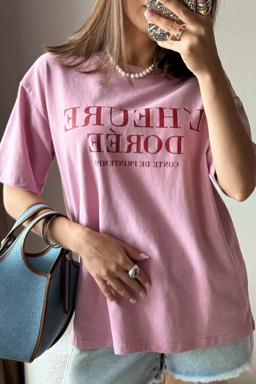 Pink Short Sleeve T-shirt Women's Loose Casual Round Neck Letter Print Thin Top