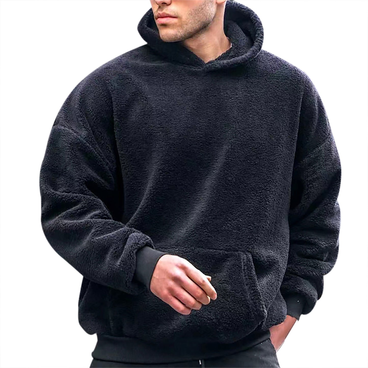 Soft Hoodie Plush Pullovers Men Winter Solid Long Sleeve Pockets