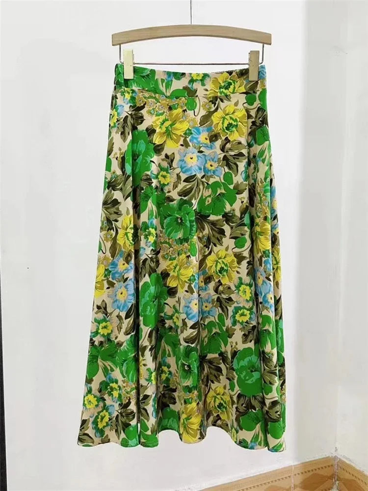 REALEFT New Stylish Floral Printed Tulle Mi-long Women Skirts