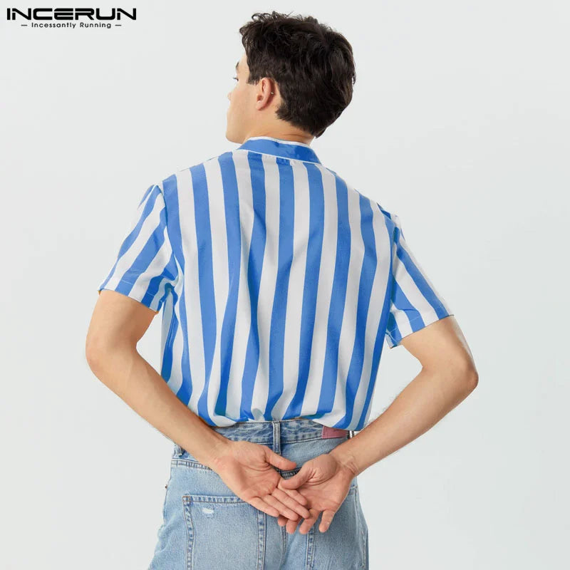 Striped Shirt Stand Collar Short Sleeve Casual Men Clothing