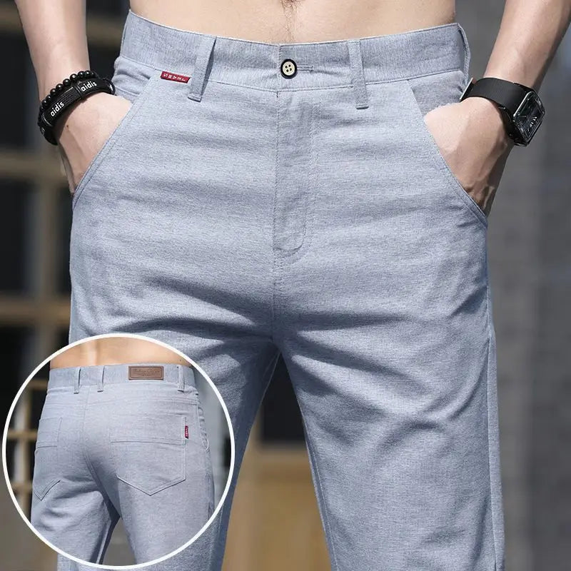 Men Thin Linen Straight Pants Streetwear Fashion Business Casual Pockets Slim