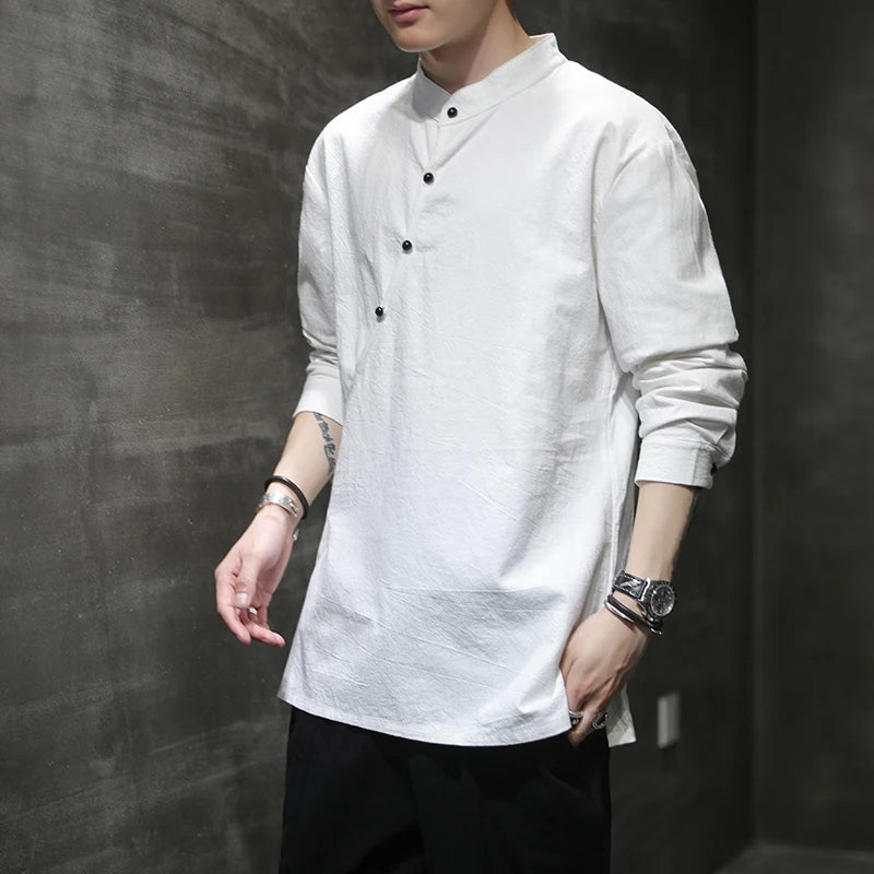 Mens Chinese Style Hemp Shirt Cotton Linen Retro Stand-Up Collar Zen Clothes