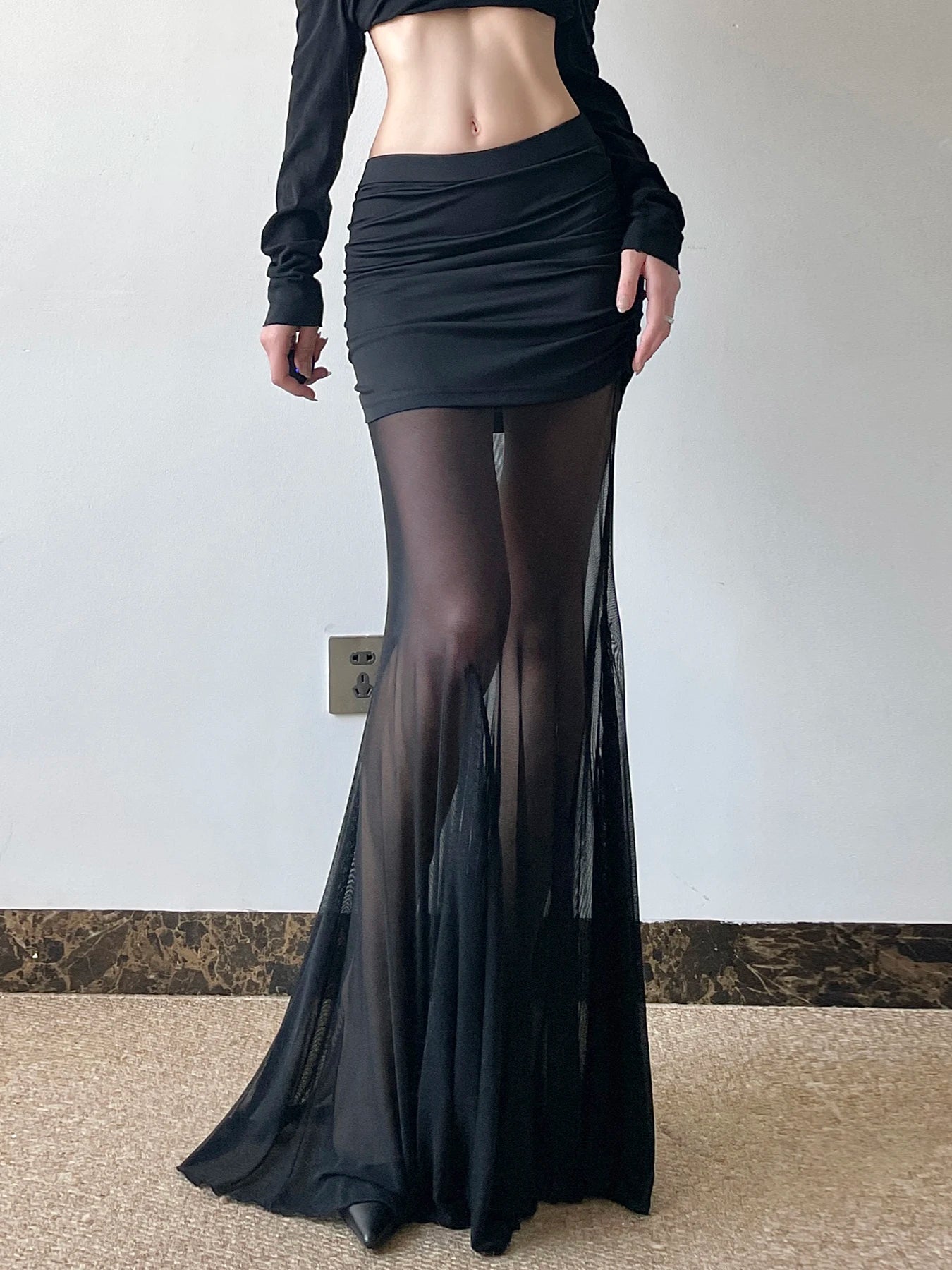 IAMSURE See Through Dark Solid Mesh Skirt