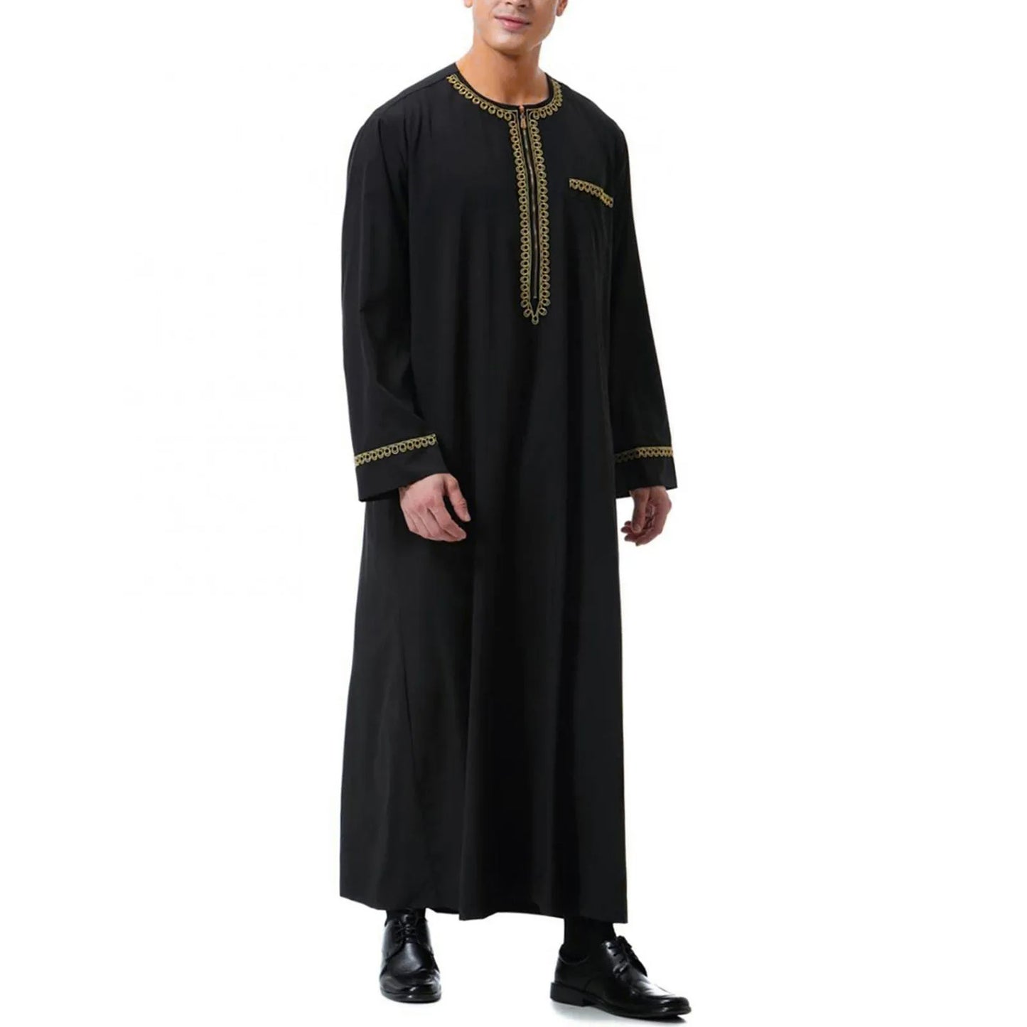 Long Sleeve Embroidered Pocket Long Abaya Shirt Prayer Muslim Men Clothing