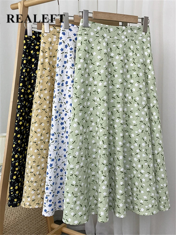 REALEFT New Stylish Floral Printed Tulle Mi-long Women Skirts