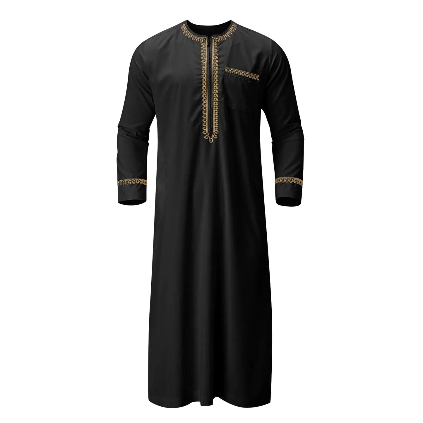 Long Sleeve Embroidered Pocket Long Abaya Shirt Prayer Muslim Men Clothing