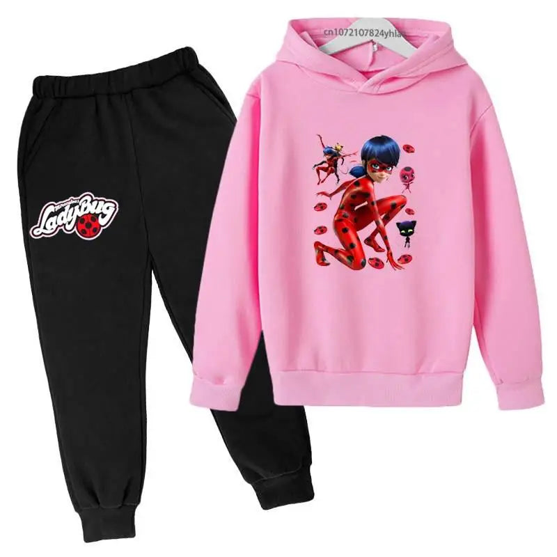 Girls Cartoon LadyBugs Print Spring Autumn 2pcs Long Sleeved Hoodie+Pants