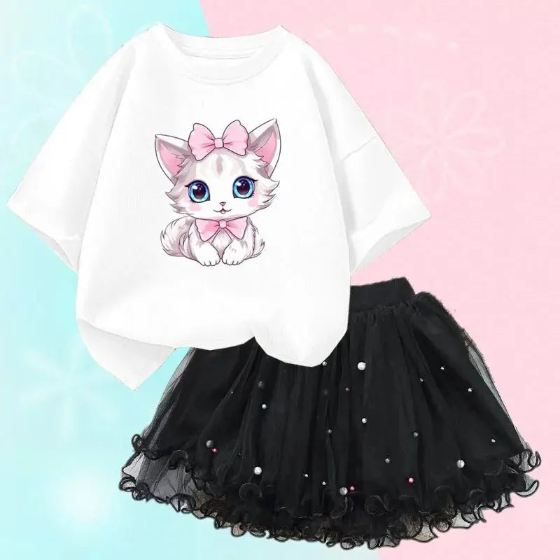 Cute Summer Girls Outfits Cartoon Cat T-shirt and Tutu Skirt 2pc/Set Girl Princess Clothes