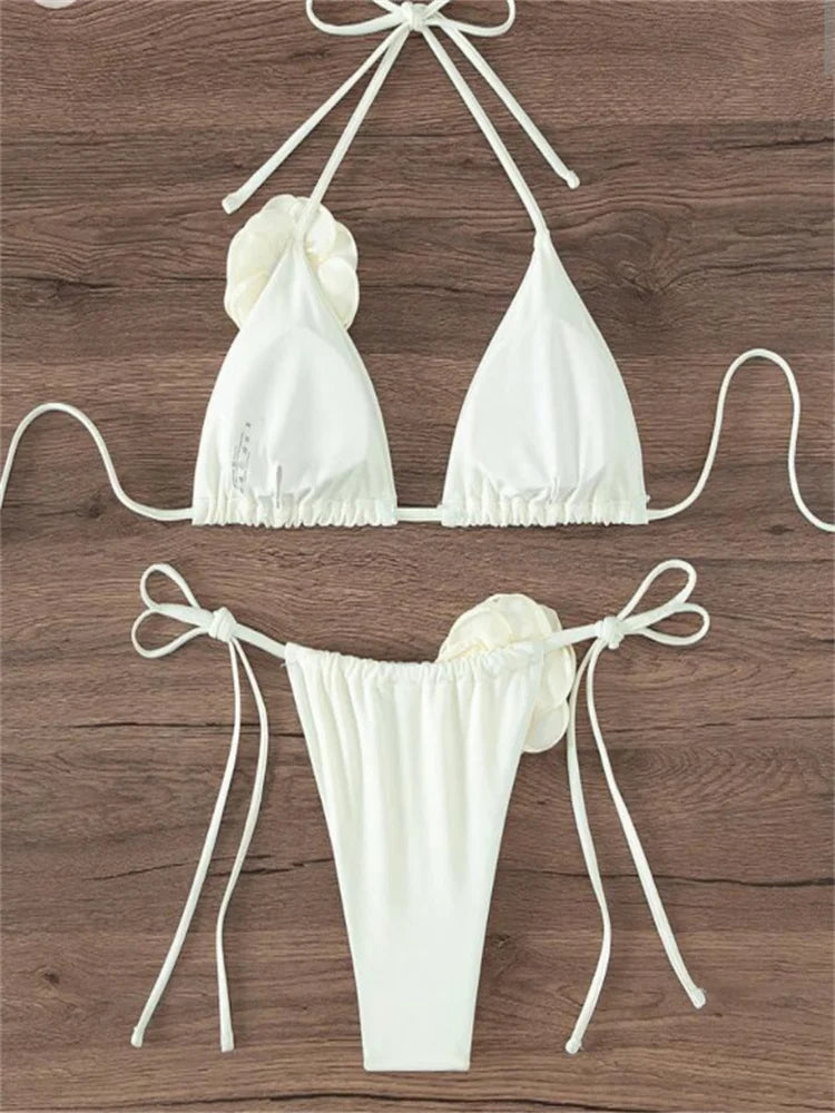 Bikini Set Women Swimsuit White 3D Floral Print