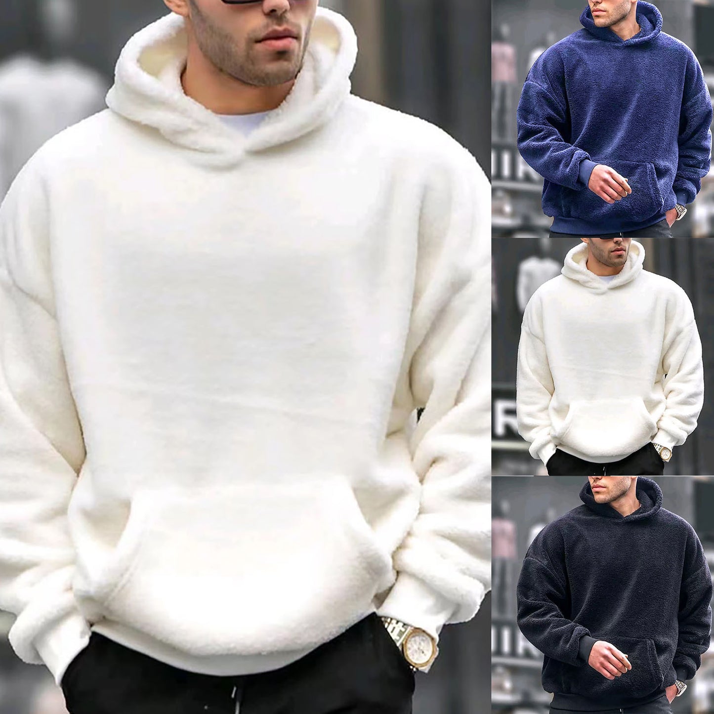 Soft Hoodie Plush Pullovers Men Winter Solid Long Sleeve Pockets