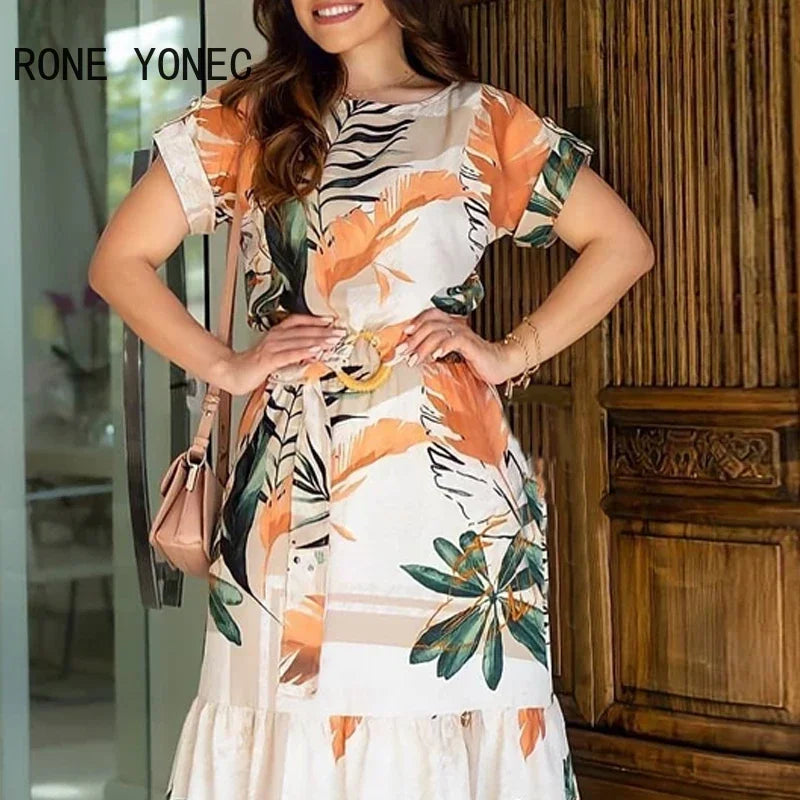 Women Tropical Print Short Sleeve Maxi Dress Casual Dress Vacation Dress