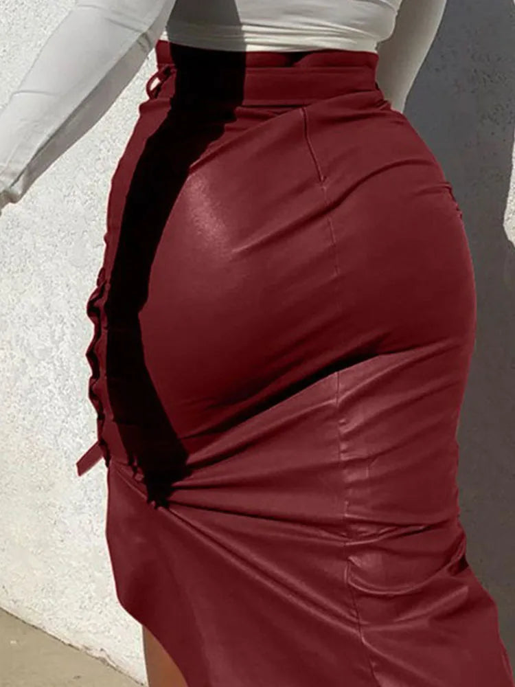 Women Trendy PU Leather Midi Skirt Solid Color