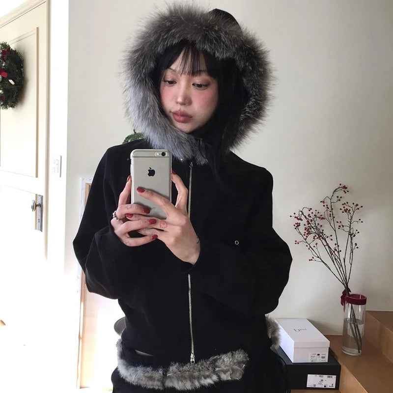 Korean Style Black Hooded Jacket Grunge Aesthetics Fur Collar Zipper Coat