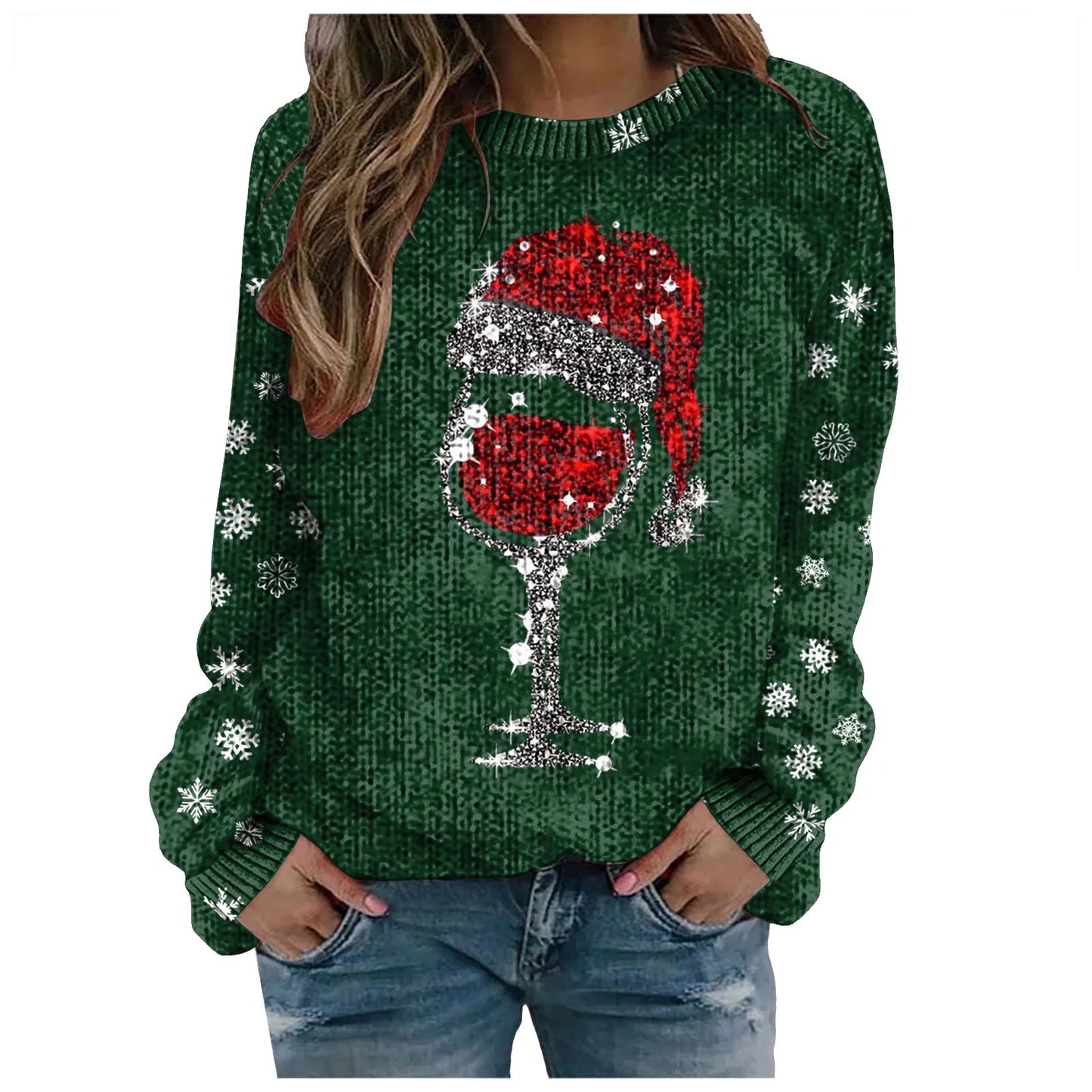 Christmas Print Red Wine Cup Sweaters Women'S Fashion