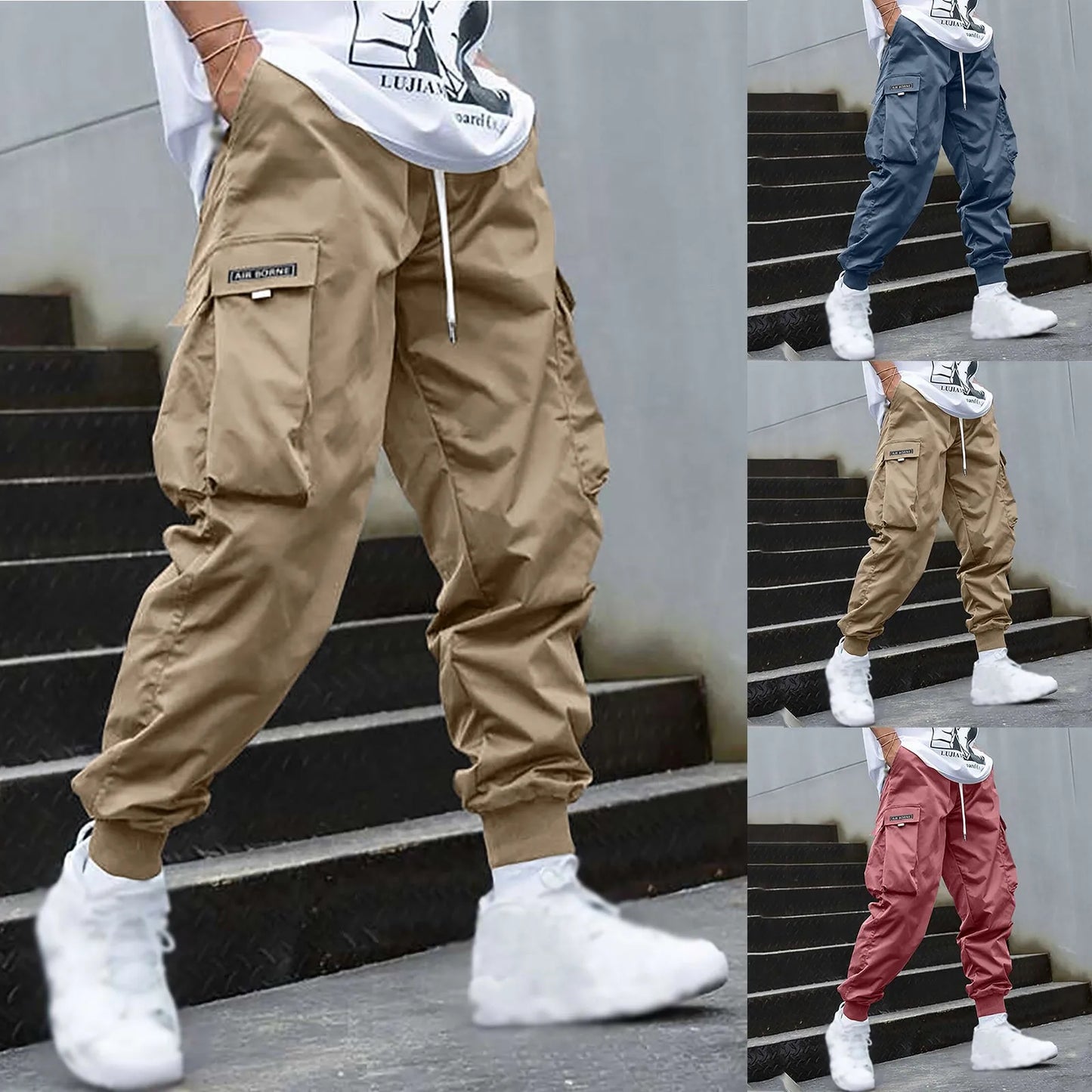 Men Cargo Pants Streetwear Elastic Waist Jogger Sweatpants