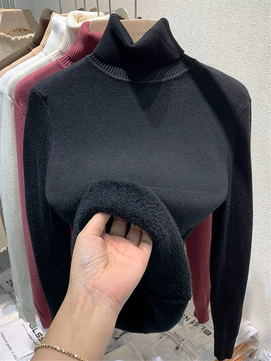 Turtleneck Winter Sweater Women Elegant Thicken Velvet Lined Warm Sueter