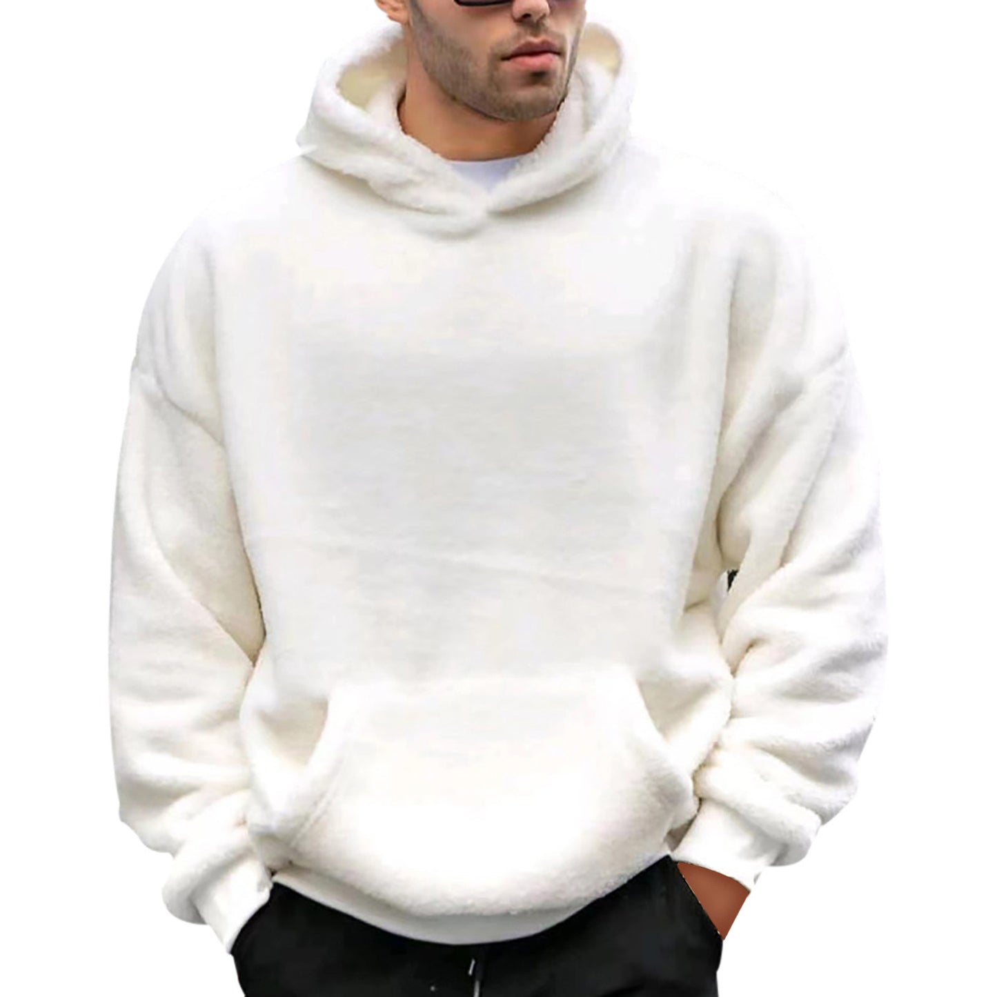 Soft Hoodie Plush Pullovers Men Winter Solid Long Sleeve Pockets