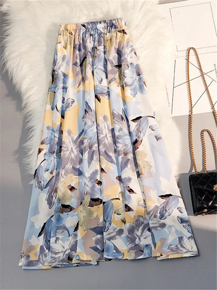 REALEFT New Stylish Floral Printed Tulle Mi-long Women Skirts