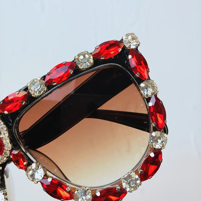 Luxury Designer Oversized Red Rhinestone Sunglasses Wome