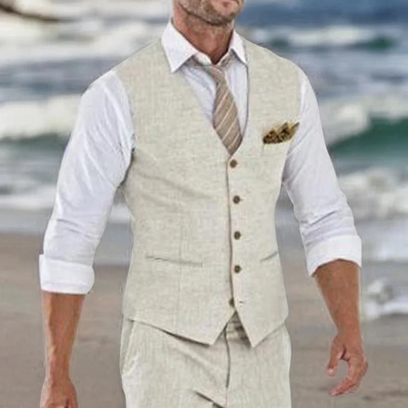 Beige Linen Suit Vest for Men Wedding