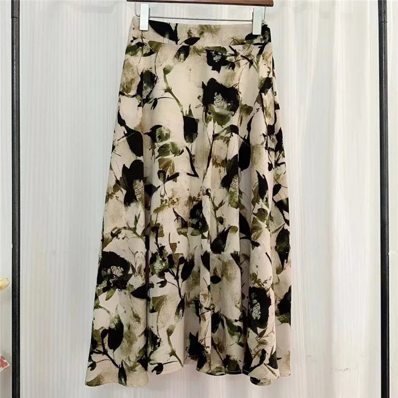 REALEFT New Stylish Floral Printed Tulle Mi-long Women Skirts