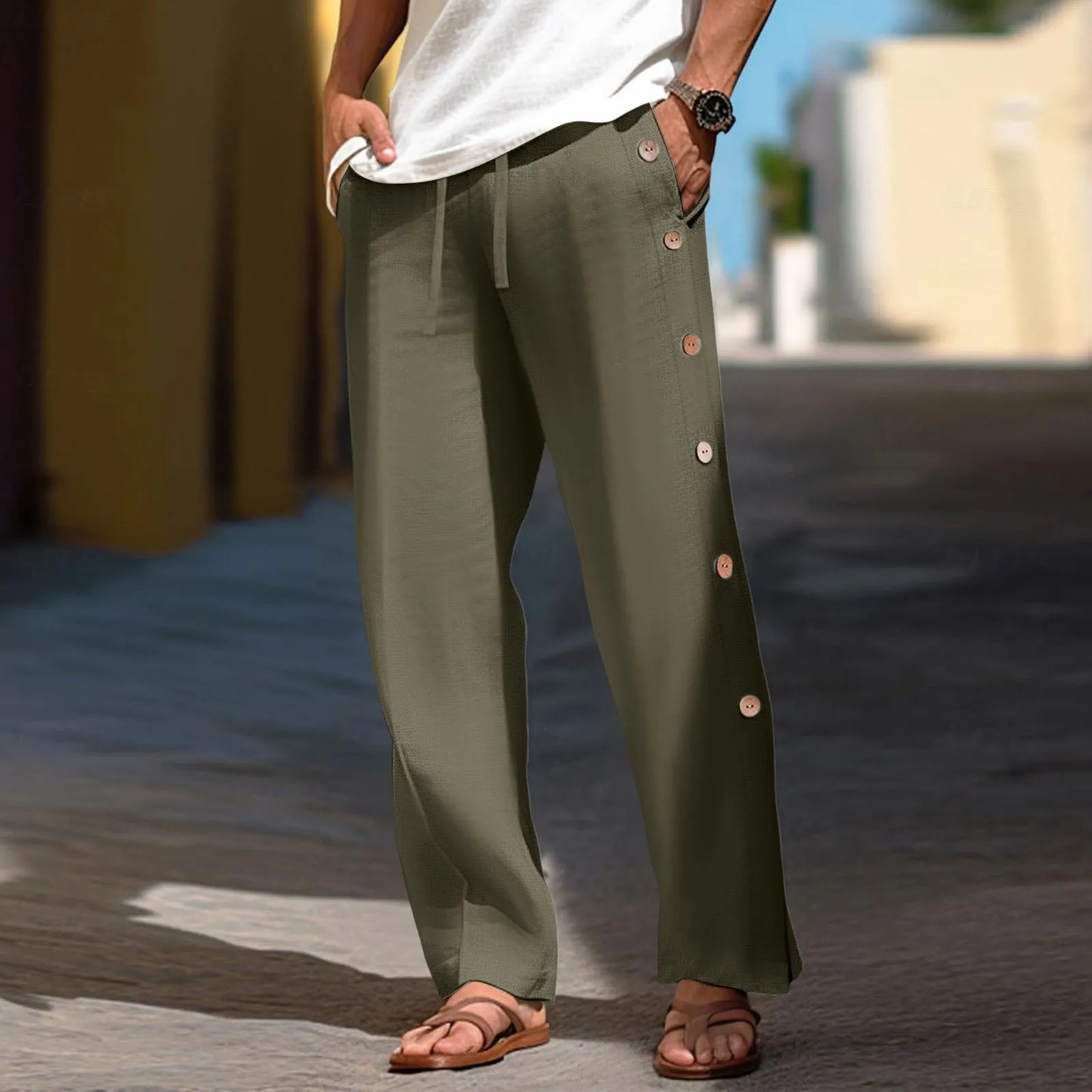 Men'S Breasted Breathable Baggy Pants Beach Slacks Elastic Rope