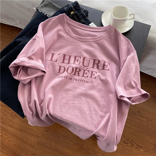 Pink Short Sleeve T-shirt Women's Loose Casual Round Neck Letter Print Thin Top