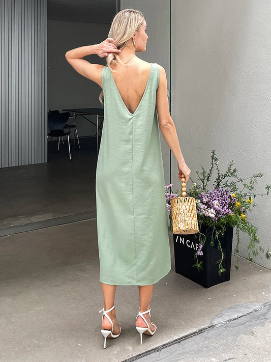 Summer Women Solid White V Neck Sleeveless Fashion Dress