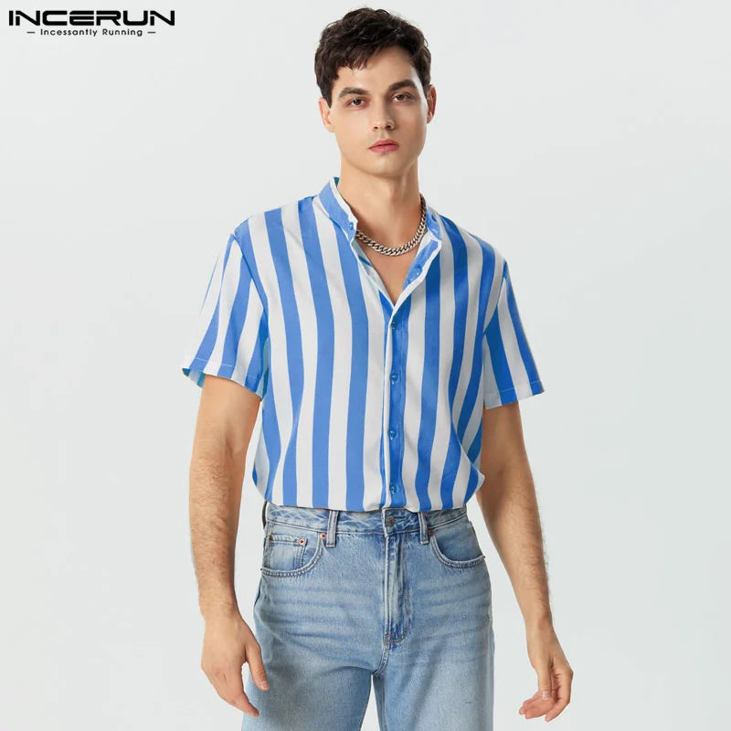 Striped Shirt Stand Collar Short Sleeve Casual Men Clothing