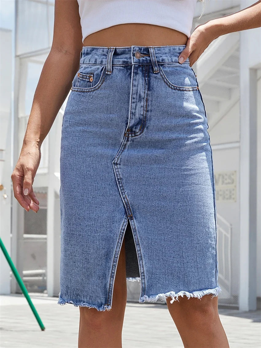 Women's Front Slit Blue Denim Skirt Pockets