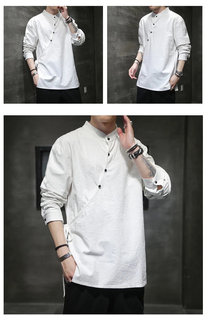 Mens Chinese Style Hemp Shirt Cotton Linen Retro Stand-Up Collar Zen Clothes