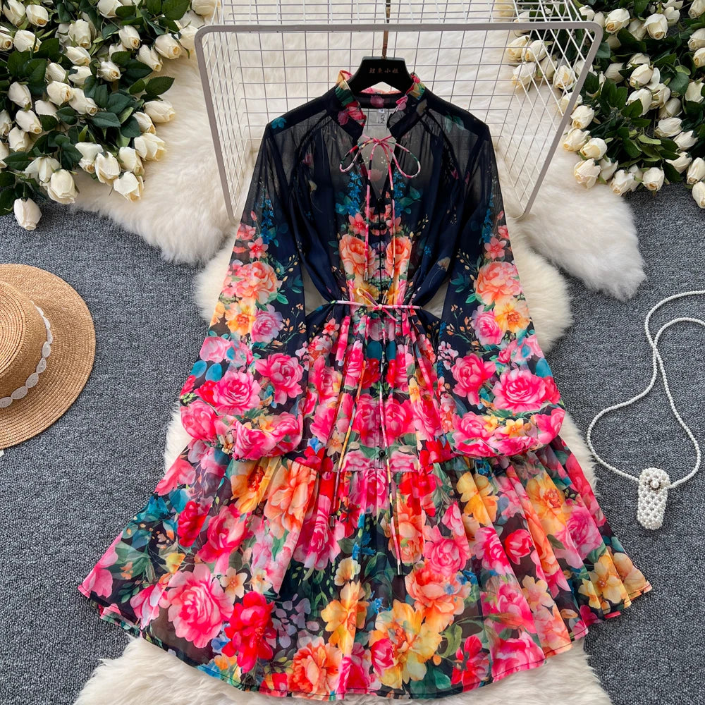 Summer Autumn Holiday Floral Long Sleeve Chiffon Short Dress Women