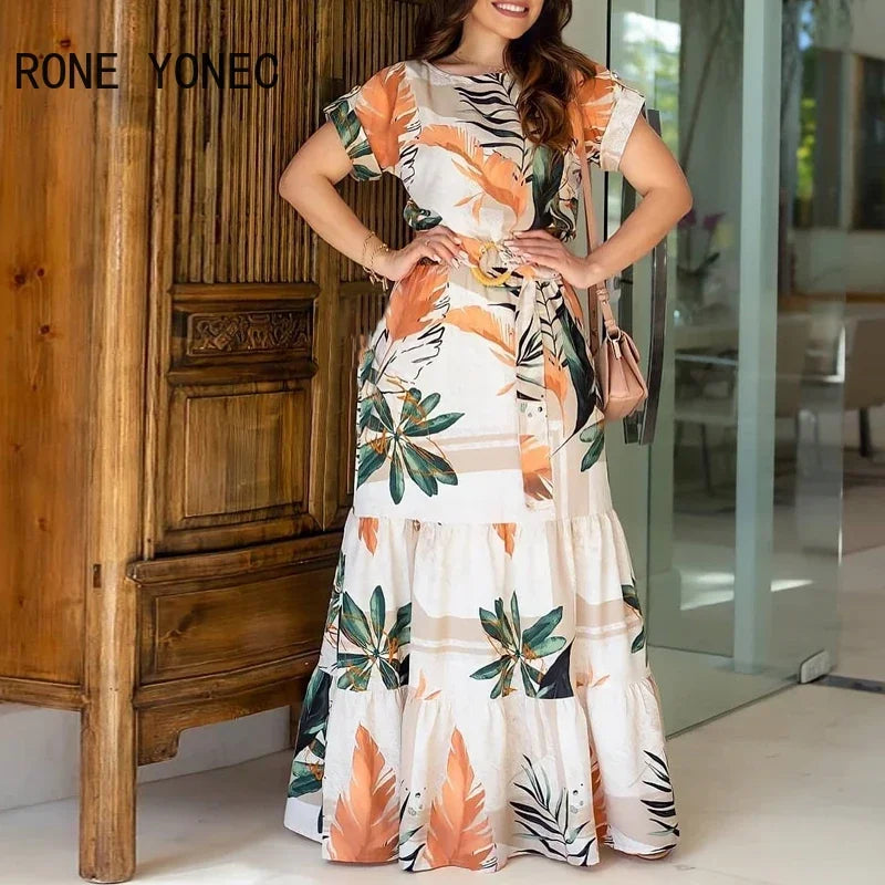 Women Tropical Print Short Sleeve Maxi Dress Casual Dress Vacation Dress