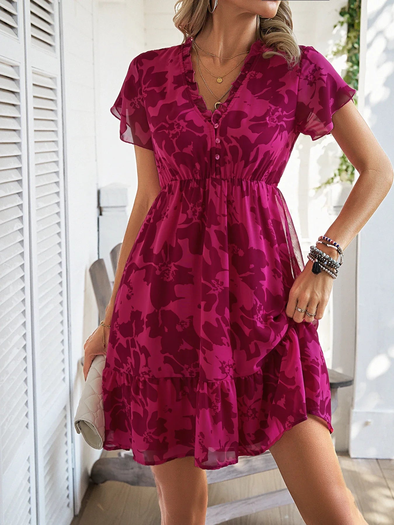 Dresses for women Floral Print V Neck Bat Sleeve Lace Up Irregular Hem Casual Dress