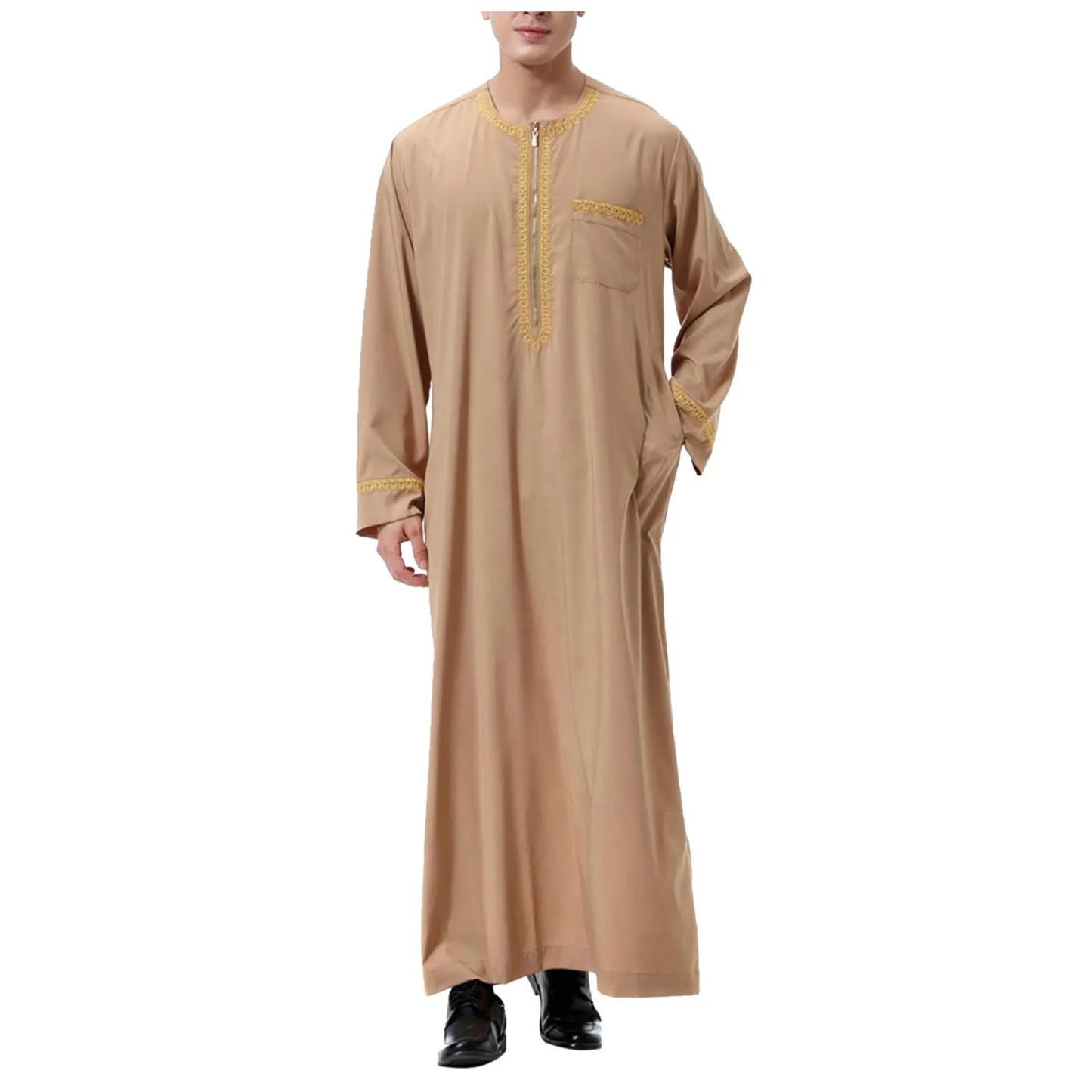 Long Sleeve Embroidered Pocket Long Abaya Shirt Prayer Muslim Men Clothing