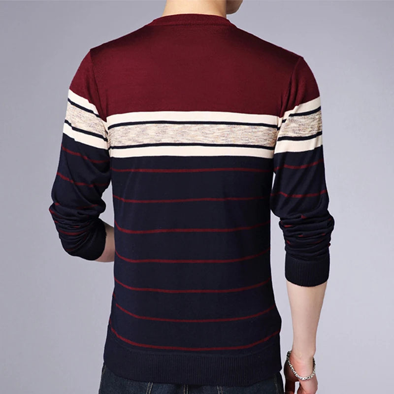 Men's Casual Striped Knit Spring and Autumn Long Sleeved Pullover Fashion